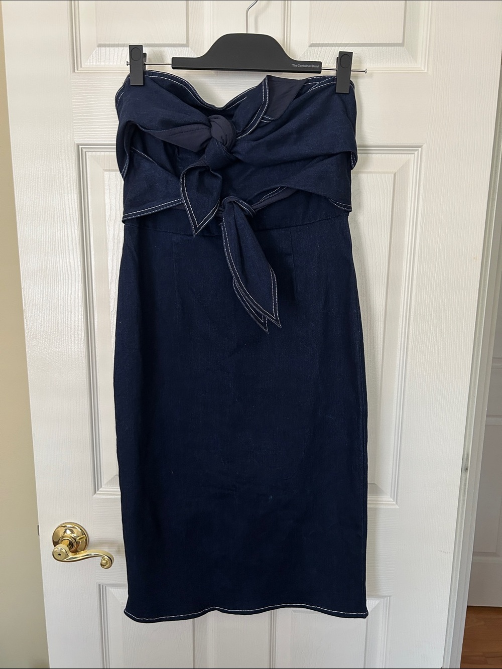Gracia Navy Denim Strapless Tie-Front Midi Dress Sz M